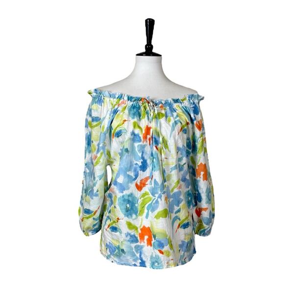 Hester & Orchard Top Linen Cotton Tie Neck White Multi Floral Women’s Size Small - Picture 6 of 10